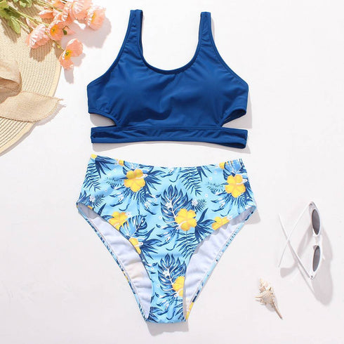 High Waist Solid Color Printed Swimsuit